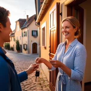 concierge qui donne la clé d'un logement au voyageur 